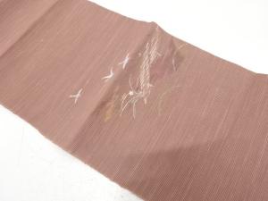 絽紗　鶴に草花模様織り出し　名古屋帯